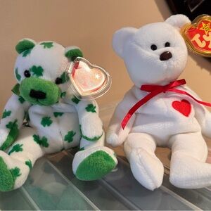 NWT Ty Beanie Babies Clover Shamrock and Valentino Bears, Vintage